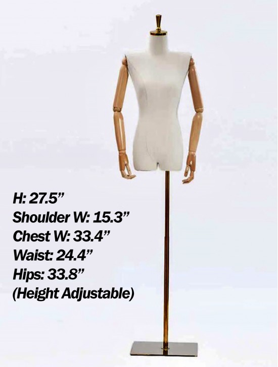 Gold  Stainless Top & Wooden Base Mannequin Bust Display (Adjustable)